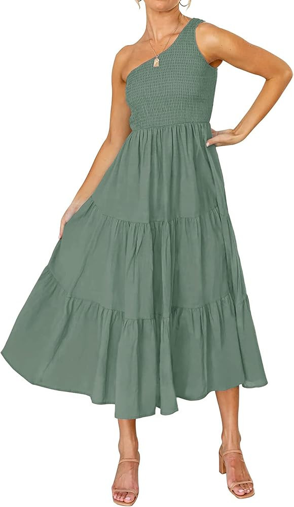KIRUNDO Women One Shoulder Sleeveless Smocked Ruffle Tiered Boho Beach Party Long Maxi Dresses | Amazon (US)
