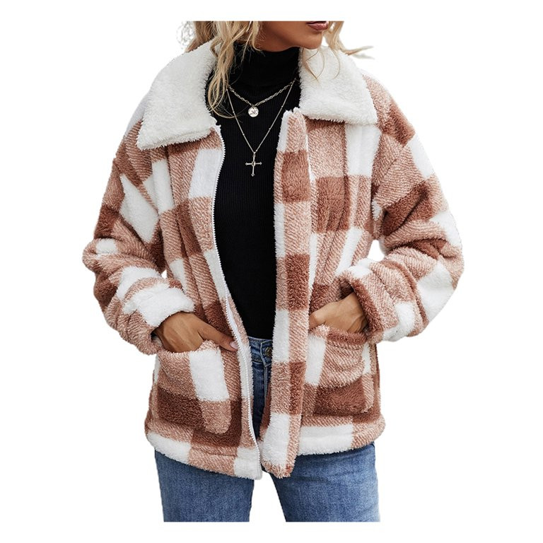 Seyurigaoka Women Juniors Shacket Coat for Winter, Plaid Printing Zipper Closure Fleece Coat - Wa... | Walmart (US)