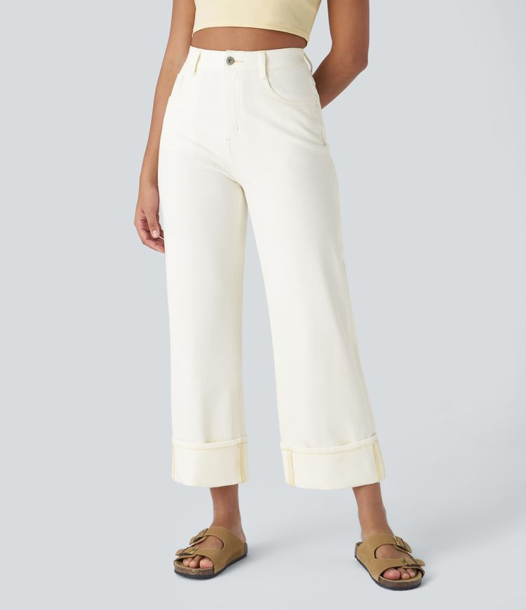 Women’s Halara Flex™ High Waisted Multiple Pockets Rolled Hem Wide Leg Washed Stretchy Knit C... | HALARA