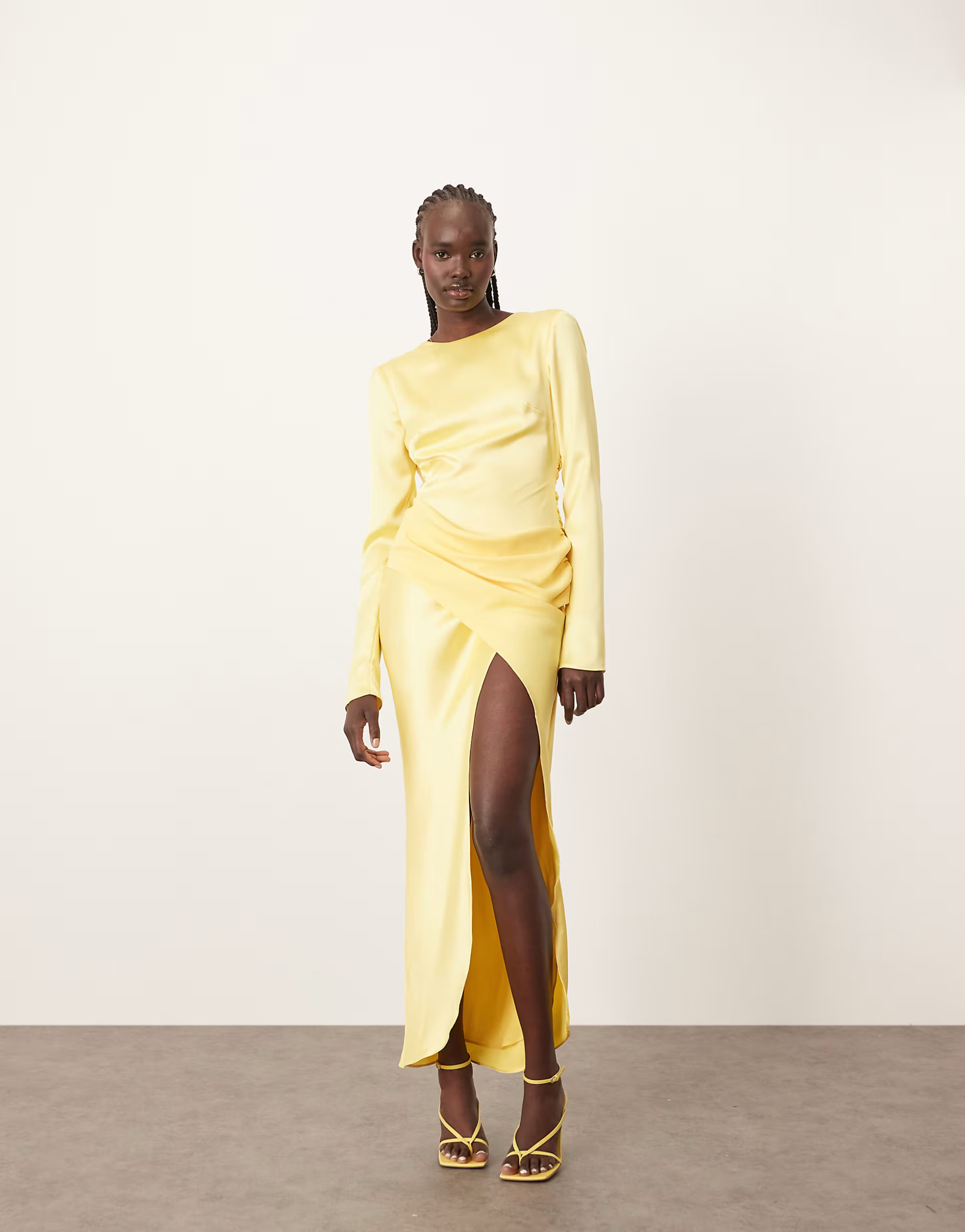 ARRANGE sleek satin drape maxi dress with open back in lemon | ASOS (Global)