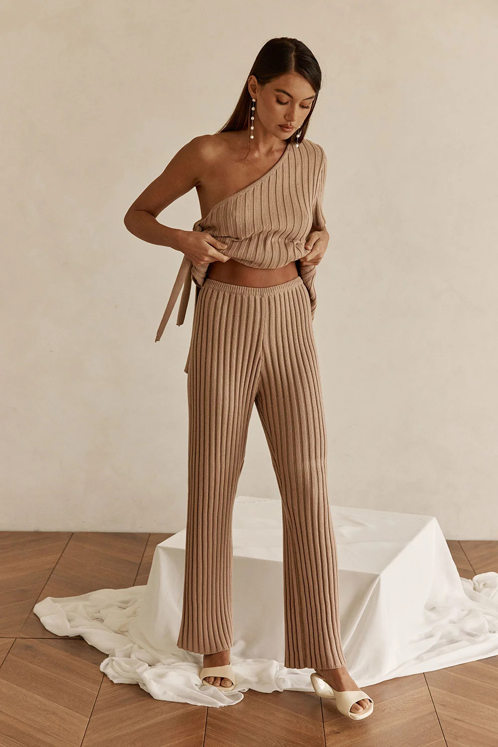 Tan Ribbed Knit High Waist Neriah Pants | Sabo Skirt US