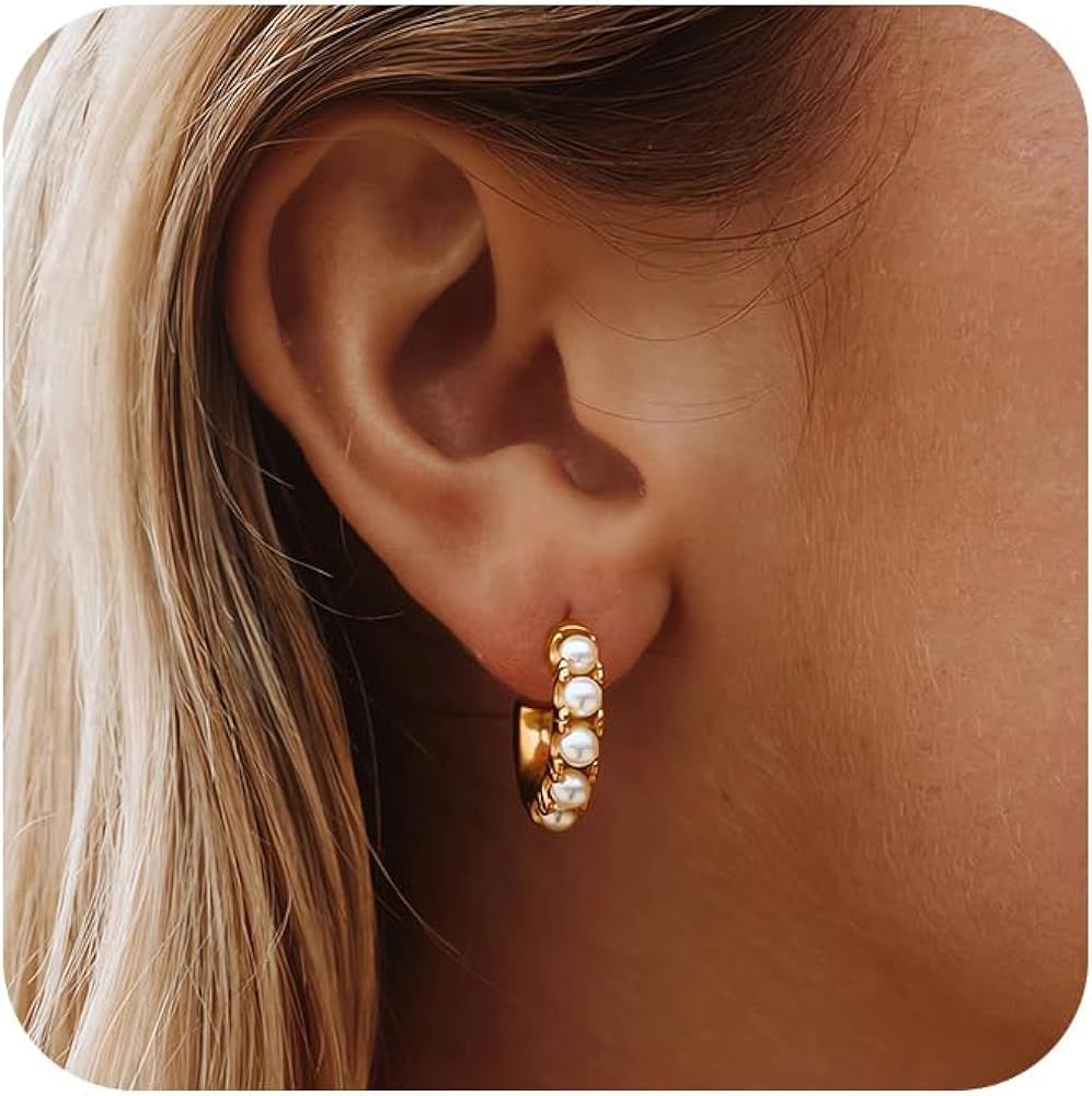 Risamil Pearl Hoop Earrings for Women - Gold Hoop Earrings Pearl Earrings for Women Trendy Jewelr... | Amazon (US)