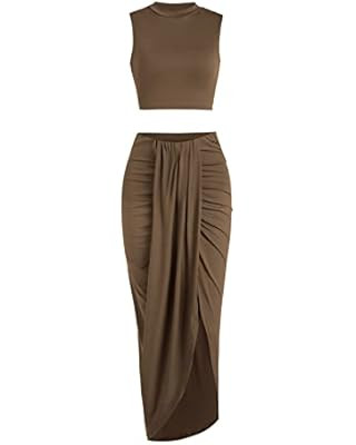 Amazon.com: ZAFUL Women's Casual Sleeveless Summer Two Piece Outfits Solid Crop Top and Draped Ru... | Amazon (US)