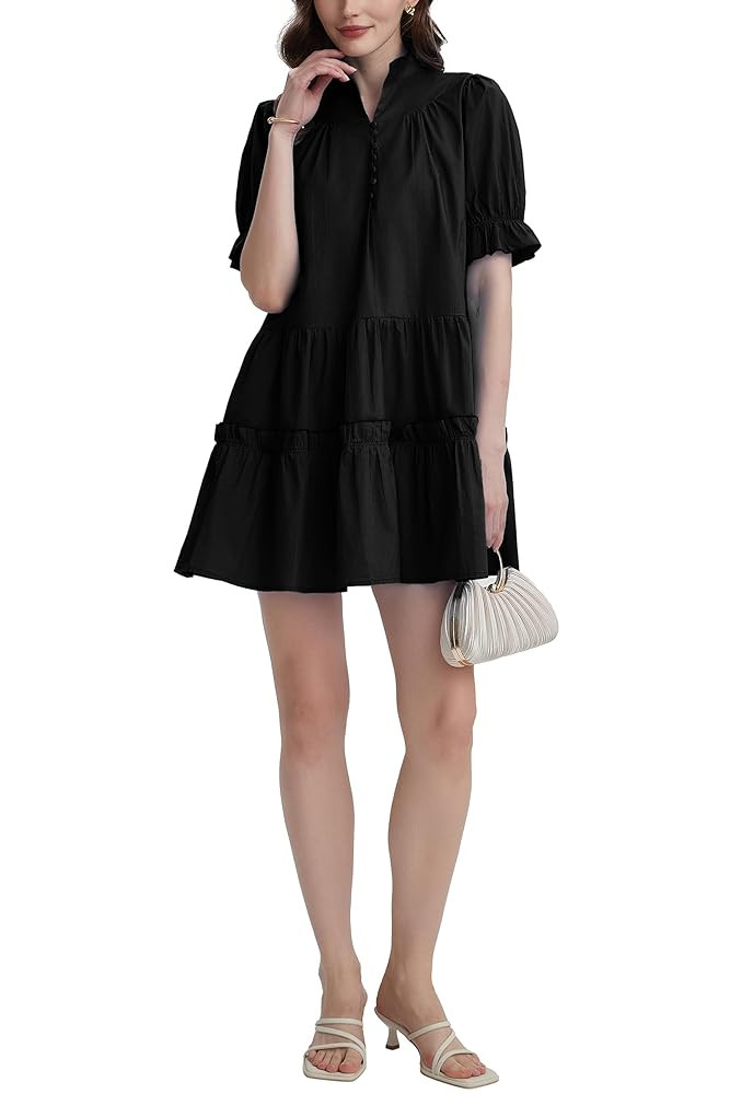 D-Sun Women V Neck Mini Dress Casual Button Down Short Puff Sleeve Stand Collar Tiered Elegant A-... | Amazon (US)