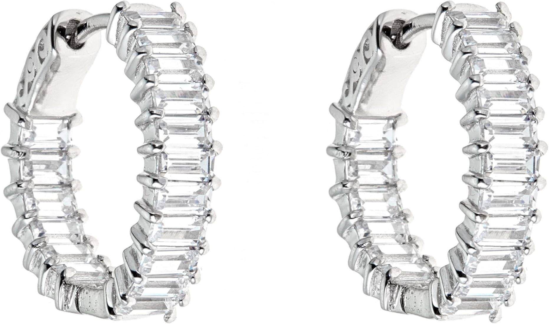 Platinum Plated 925 Sterling Silver Baguette Cubic Zirconia Full Ring Pave Cz Hoop Earrings | Amazon (US)
