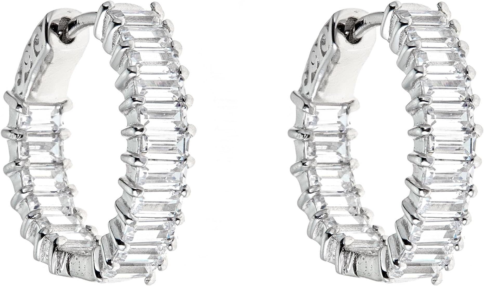 Platinum Plated 925 Sterling Silver Baguette Cubic Zirconia Full Ring Pave Cz Hoop Earrings | Amazon (US)