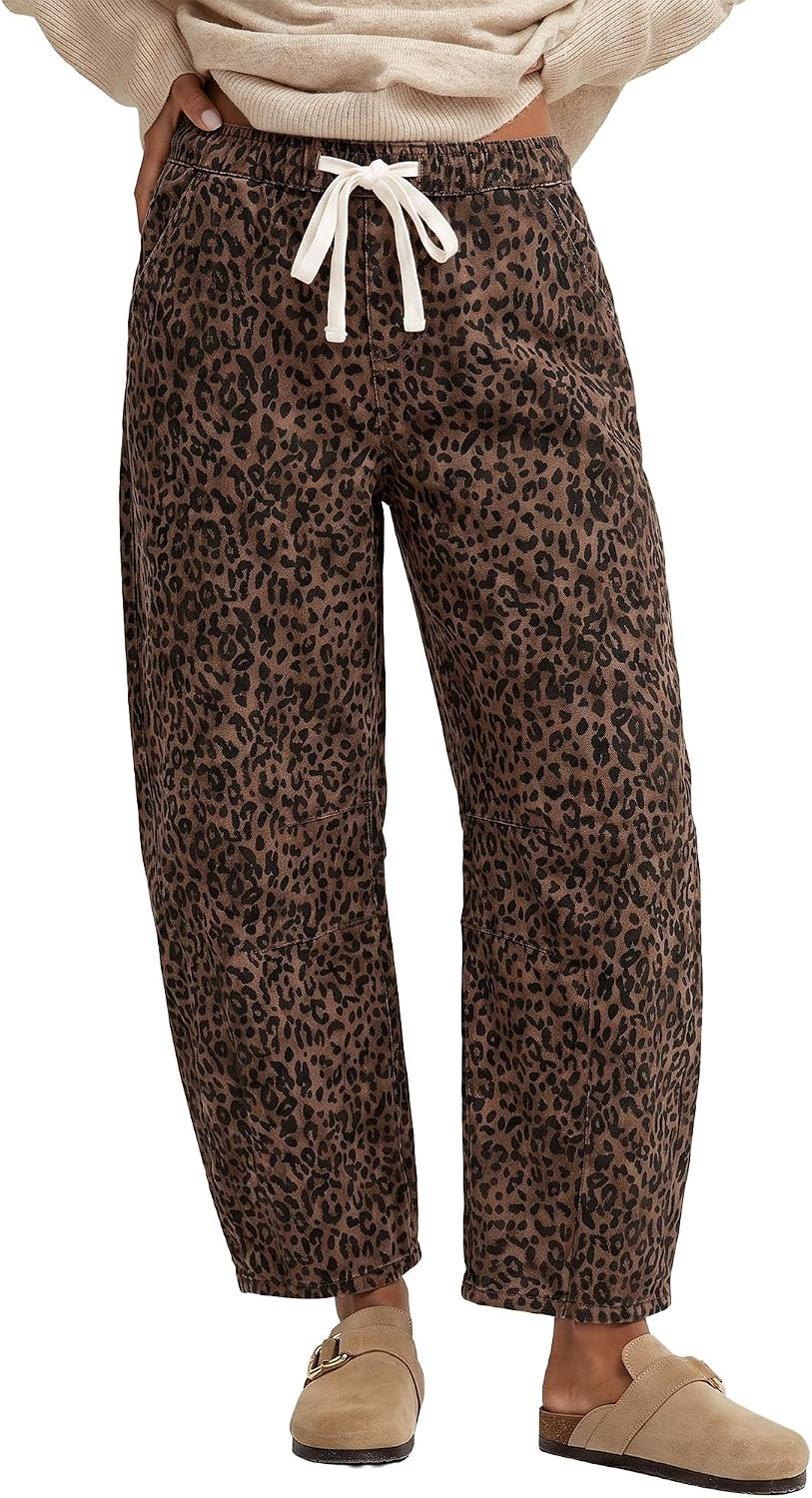 GRAPENT Barrel Jeans for Women Trendy High Waisted Pull On Wide Leg Cropped Leopard Cheetah Print Stretchy Denim Pants | Amazon (US)