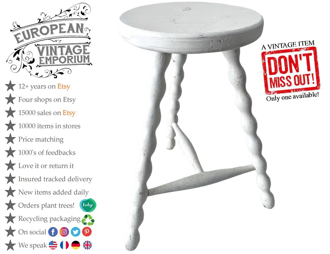 Vintage French Wooden White Medium Milking Stool Chair Seat - Etsy | Etsy (US)