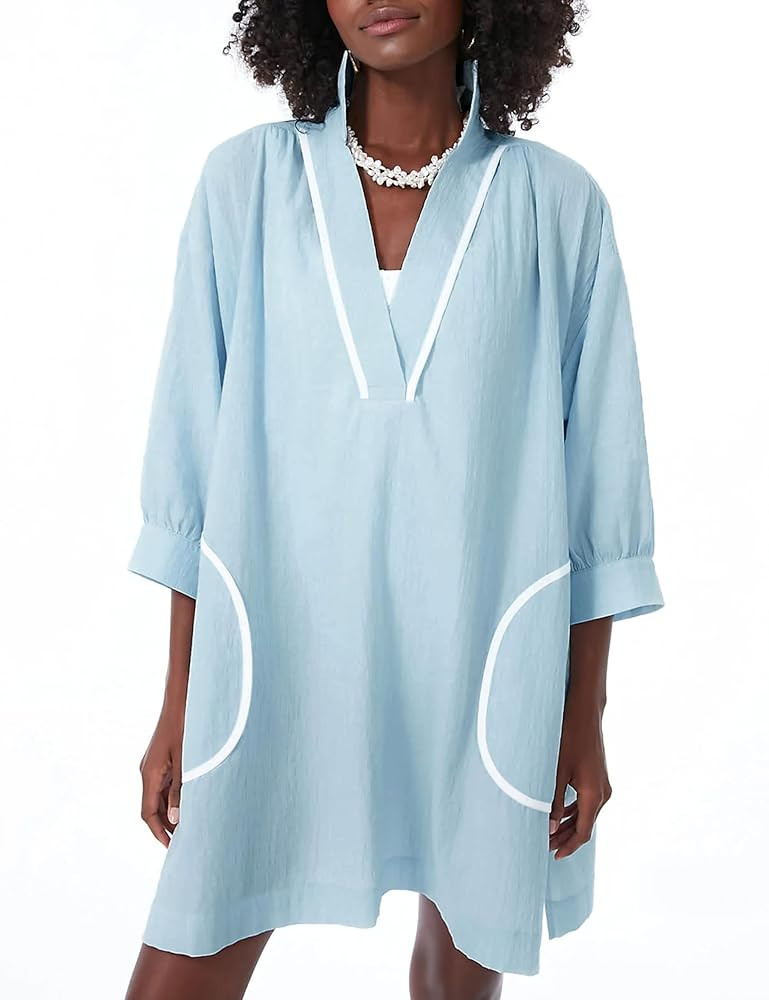 Ailoqing Swimsuit Coverup Womens V Neck 3/4 Sleeve Casual Shirt Dress with Pockets | Amazon (US)