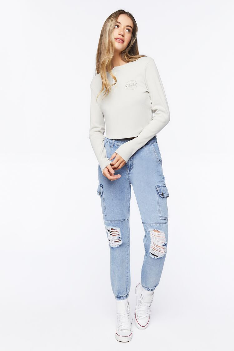 Women Distressed Denim Cargo Joggers in Medium Denim, 31 | Forever 21 (US)