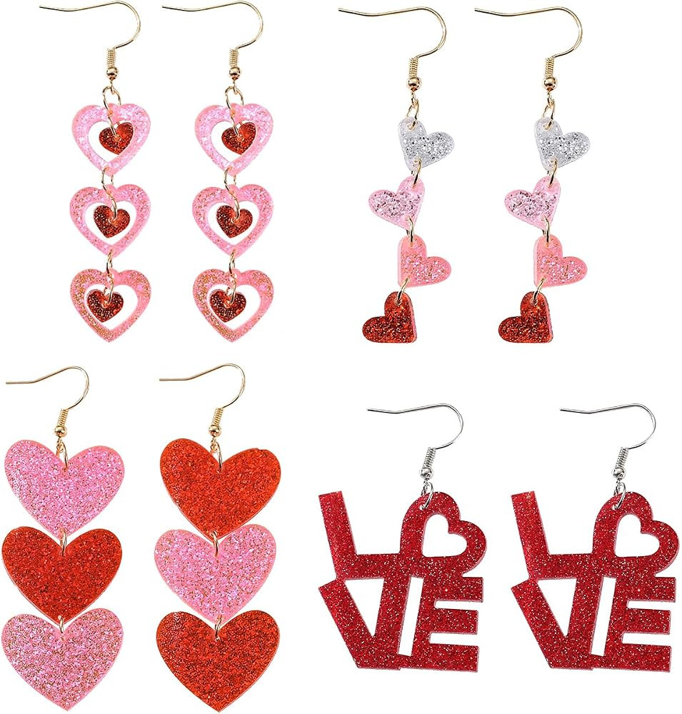4 Pairs Valentine's Day Earrings for Women Love Heart Dangle Earrings Valentines Day Gifts for We... | Amazon (US)
