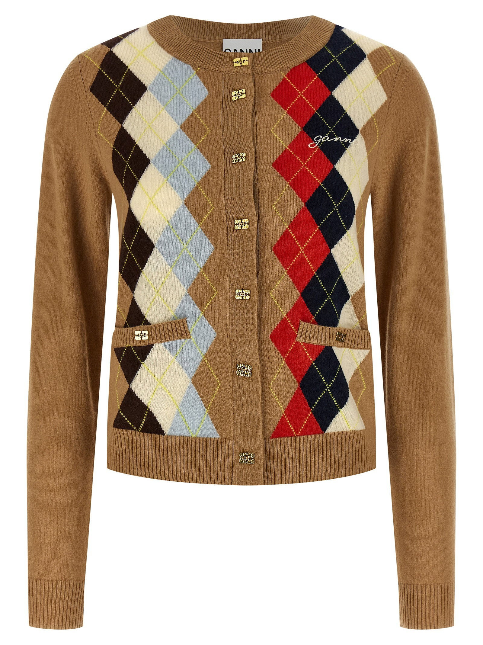 Ganni Argyle-Patterned Cashmere Blend Cardigan — Camel | Italist Inc.