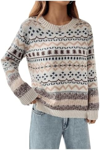 SweatyRocks Women's Vintage Sweaters Crewneck Long Sleeve Geo Print Knit Pullover Tops | Amazon (US)