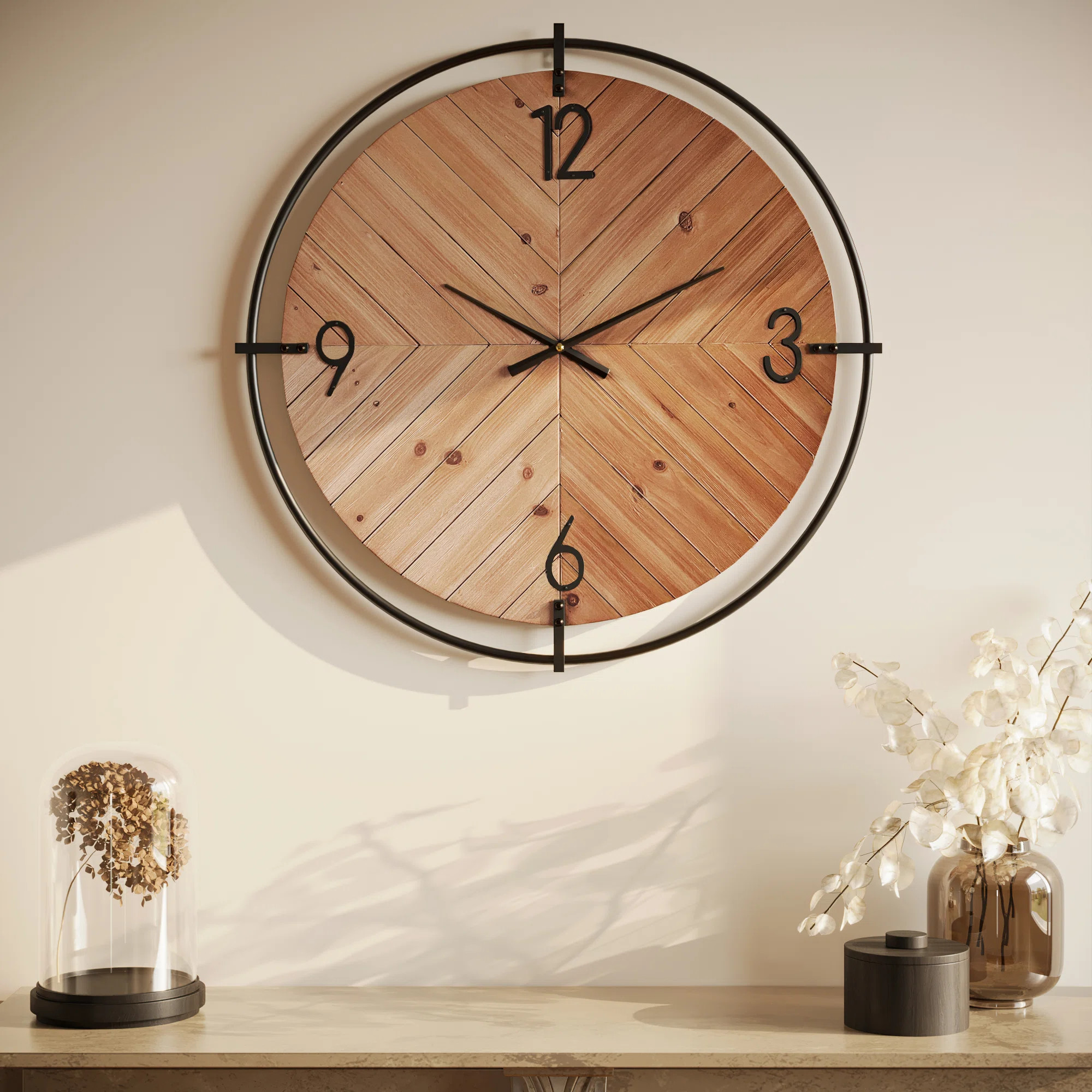 Evelyn Herringbone Wood Round Wall Clock | Wayfair North America
