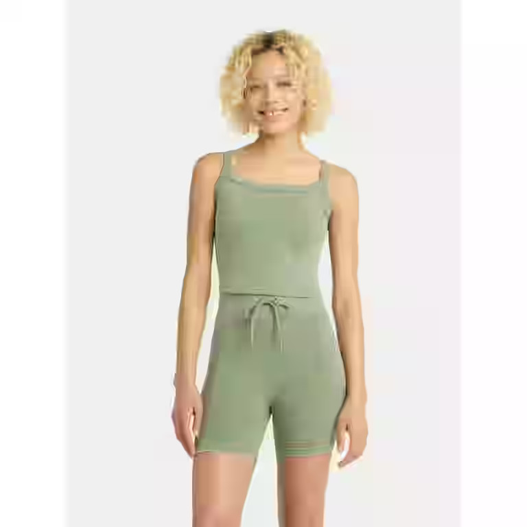 No Boundaries Seamless Shirttail Tank and Tie Front Bike Shorts Set, 2-Piece, Women's | Walmart (US)