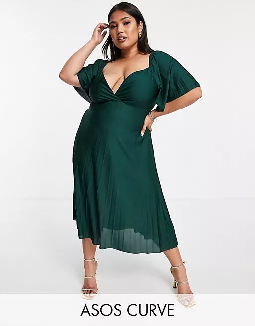ASOS DESIGN Curve pleated twist back cap sleeve midi dress in forest green | ASOS (Global)