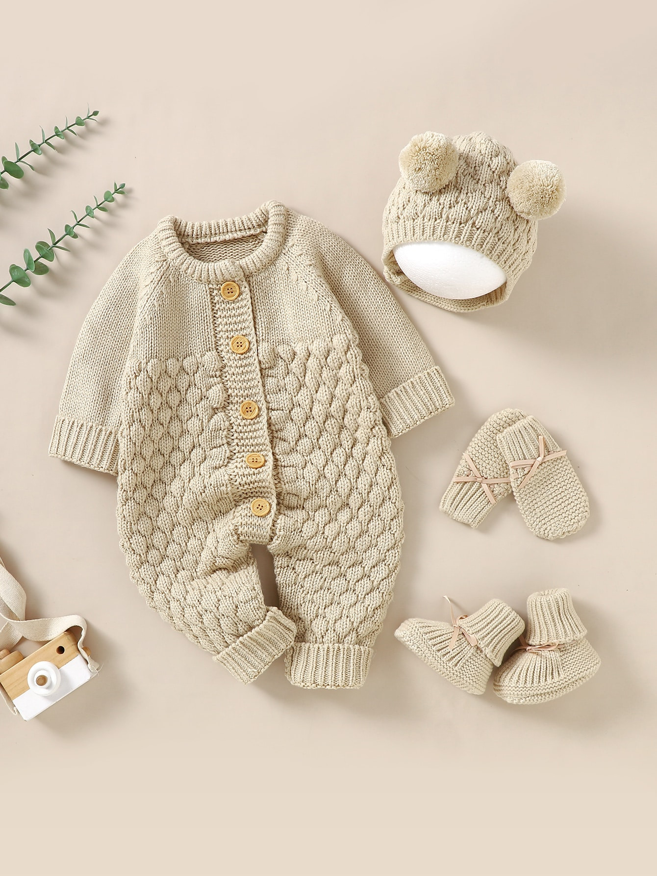 SHEIN Vintaside Kids Baby Girl Raglan Sleeve Knit Jumpsuit & Hat & Shoes & Gloves | SHEIN