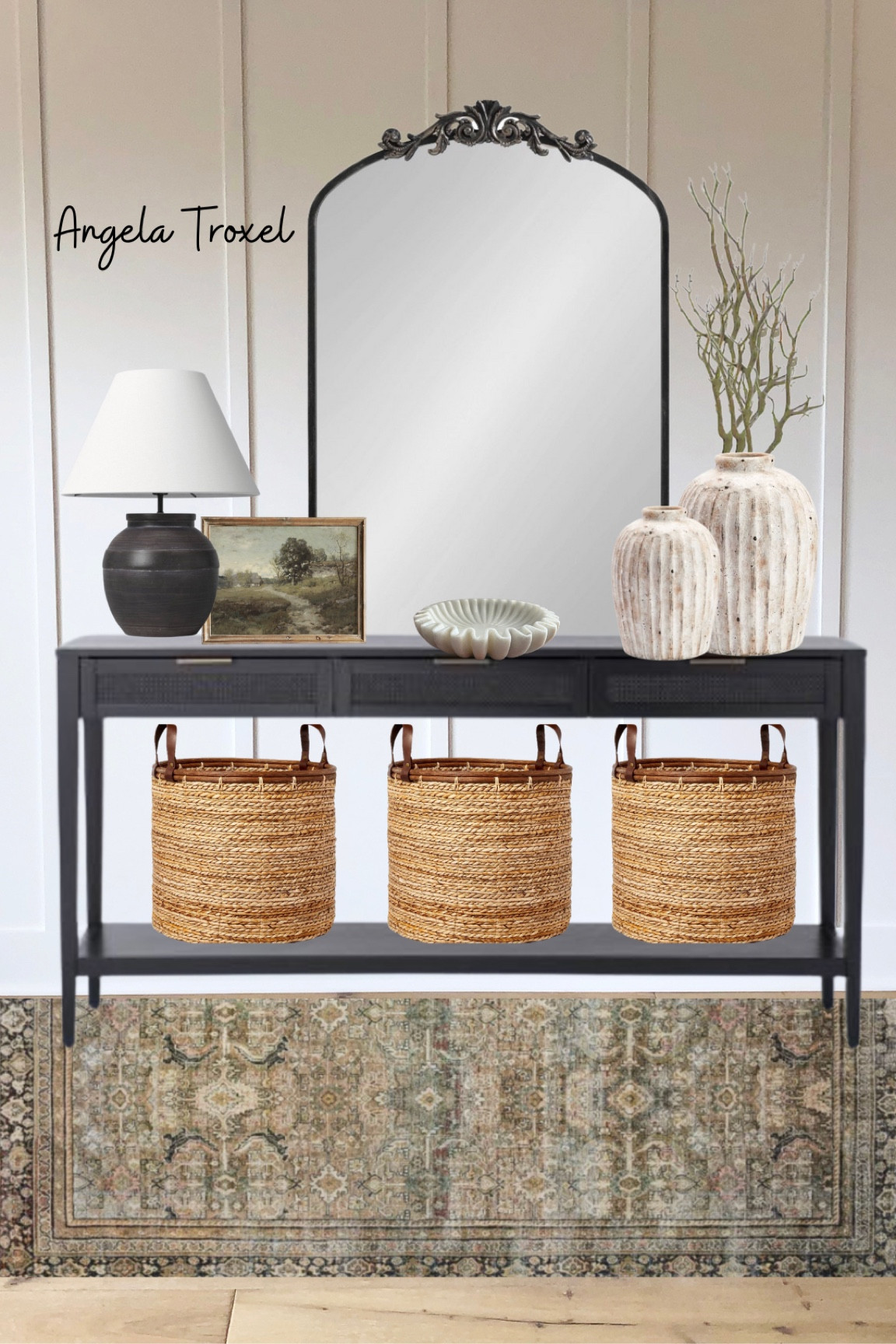 Living room furniture, console table, entryway, wicker baskets, decor, staging, vase, pottery, terracotta, mirror, black, white, cream, rugs.

#LTKhome #LTKunder100 #LTKsalealert