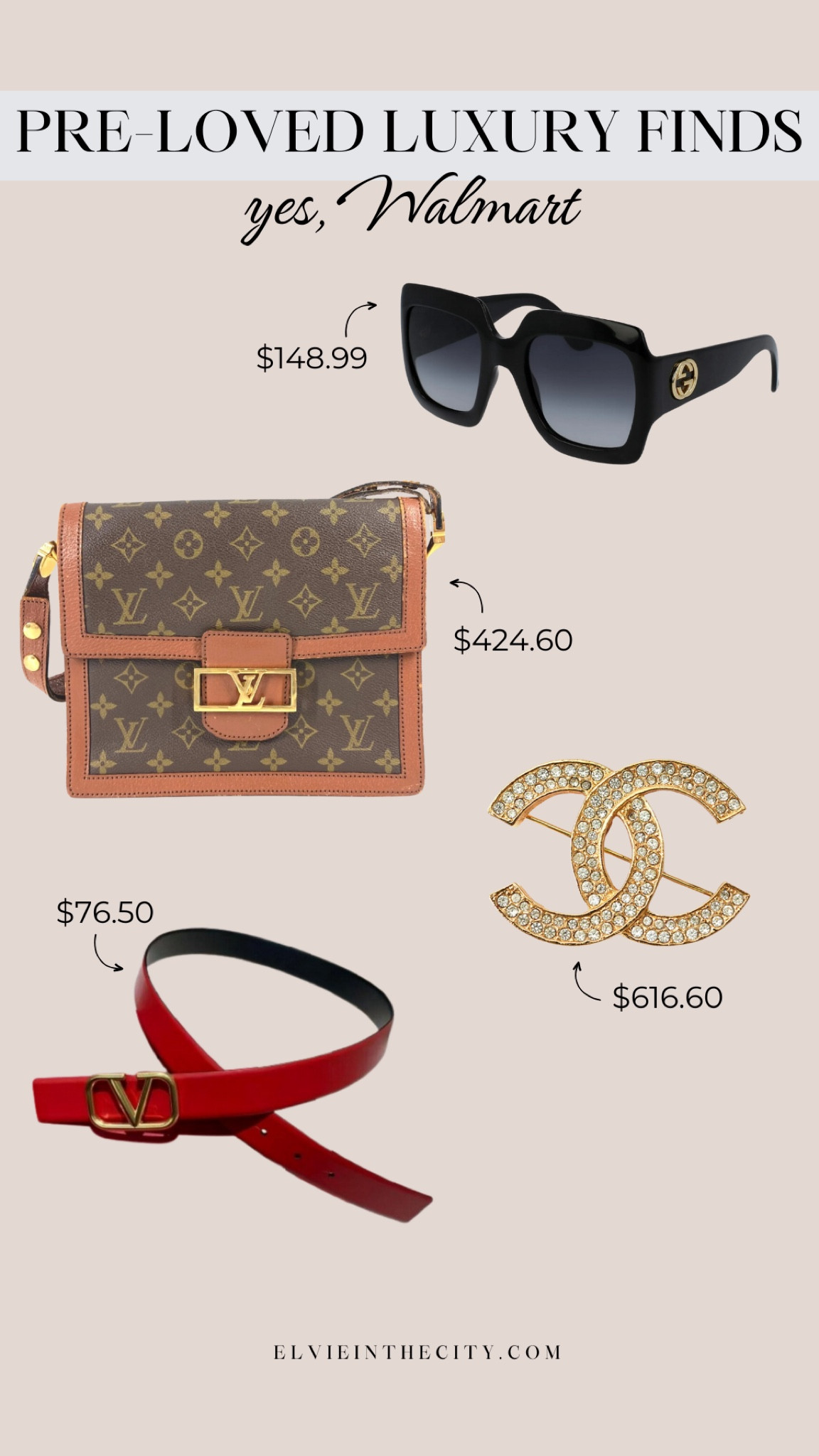 Pre-loved luxury finds from Walmart include Gucci sunglasses, a Louis Vuitton handbag, Chanel brooch, and Valentino belt.

Sunglasses, crossbody bag, pre-owned luxury, fashion over 40, ootd, fall outfit

#LTKOver40 #LTKItBag #LTKStyleTip