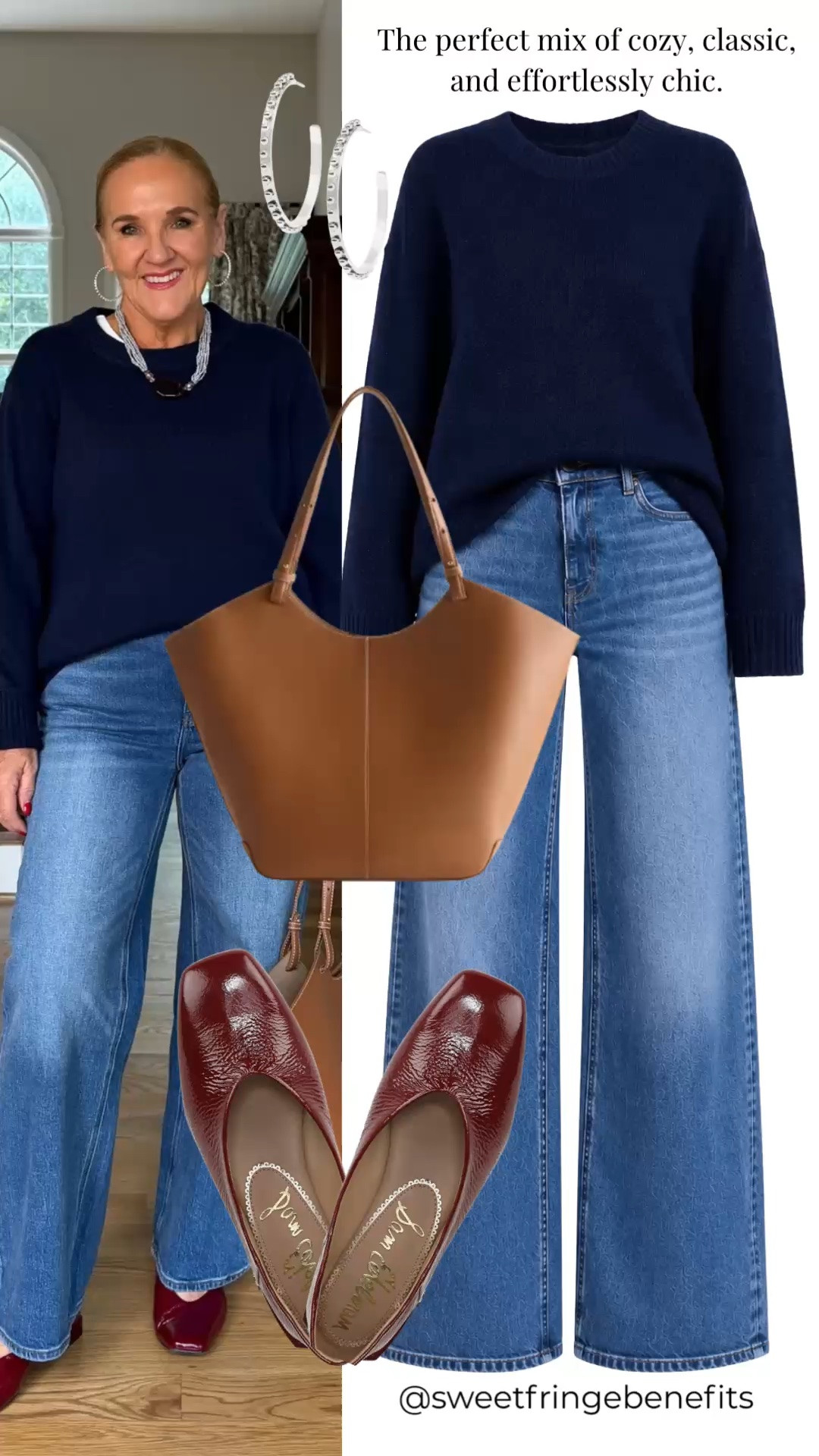 This navy sweater and wide-leg jeans are the perfect mix of cozy and classic. Burgundy flats and a cognac tote add polished finishing touches.

💡 LTK MADE EASY
❤️ Heart = Support my posts!
🔖 Save = Get sale & restock alerts
📋 Lists = Keep favorites organized
📲 Share = Send lists and products to a friend. Hello, Christmas List!
💬 Comment = Ask me anything about what I'm wearing.:-)

#LTKgrwm #LTKdayinmylife #LTKootd