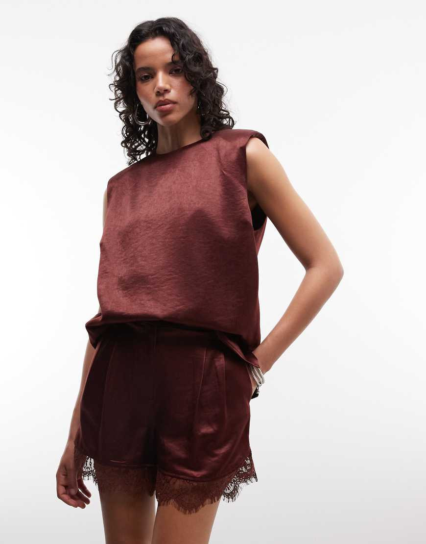 ASOS DESIGN tailored satin shorts with lace trim in brown | ASOS (Global)