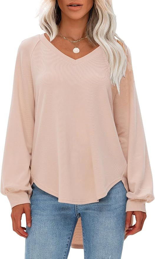 EXLURA Womens Oversized V Neck Sweaters Casual Long Sleeve Shirts Lightweight Pullover Sweater To... | Amazon (US)