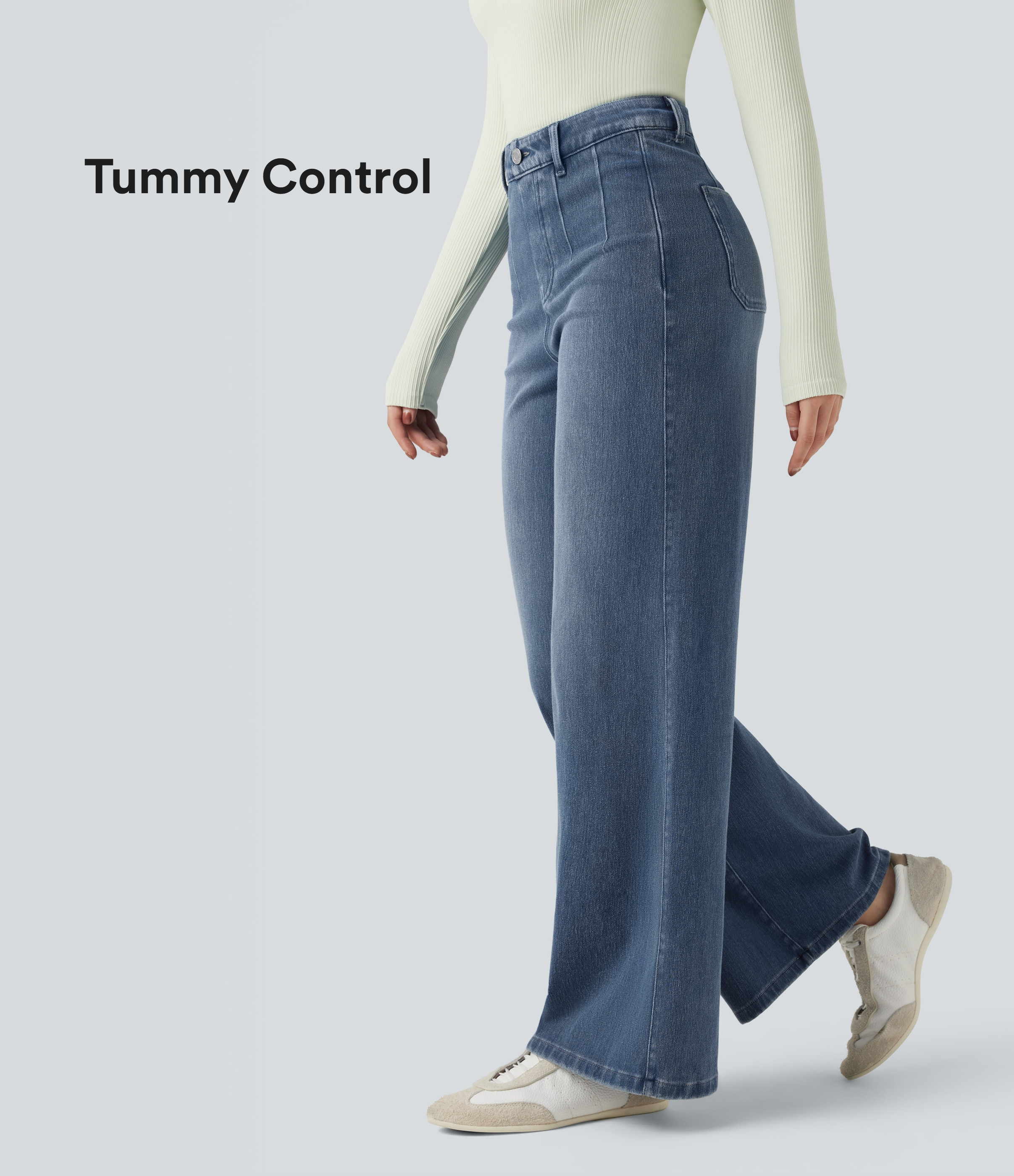Halara Halara Flex™ Mid Rise Tummy Control Wide Leg Casual Jeans with Pockets - Tide Blue Denim - XS(regular) | HALARA