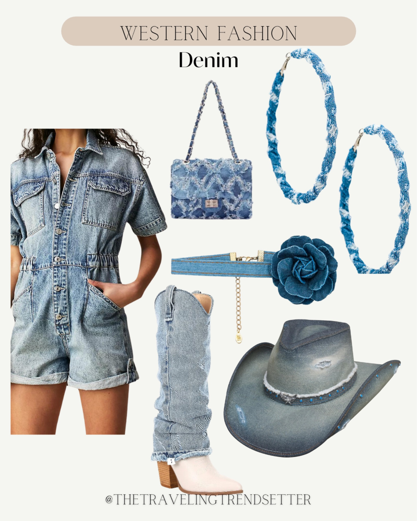 Denim outfit - denim romper - denim purse - hat - earrings - denim outfit 

#LTKfindsunder100 #LTKfindsunder50 #LTKwedding