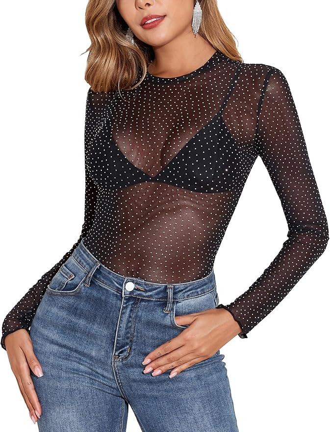 YYA Sparkly Mesh Top for Women Long Sleeve Round Neck Mesh Shirt Sheer Shiny Top Solid Floral Tee... | Amazon (US)