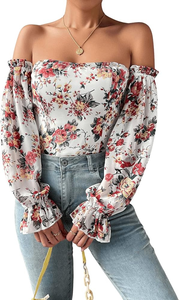 SweatyRocks Women's Off Shoulder Long Lantern Sleeve Top Boho Floral Fitted Blouse Shirt | Amazon (US)