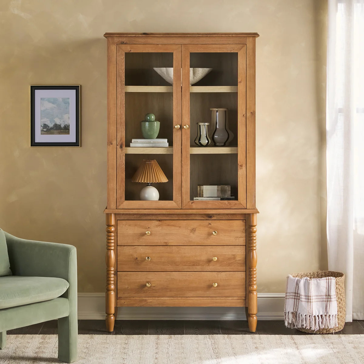 Turned Wood Spindle Glass Cabinet Bookcase With Drawer Storage | Wayfair North America