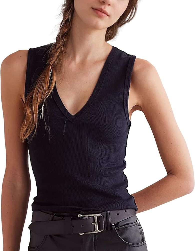 Ainangua Workout Tank Tops For Women Casual Sleeveless V Neck Ribbed Basic Shirts Summer Going Ou... | Amazon (US)