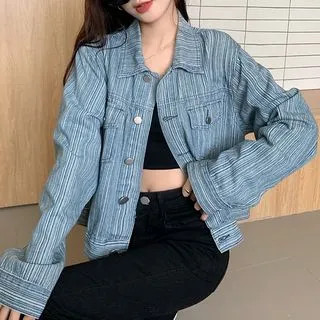 Striped Denim Jacket Striped - Blue - One Size | YesStyle Global