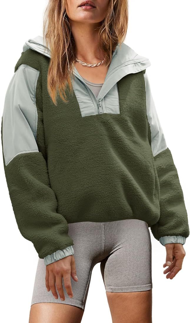 Yanekop Womens Fuzzy Fleece Hoodie Sherpa Sweatshirt Fluffy 1/4 Zip Up Pullover Outerwear with Po... | Amazon (US)