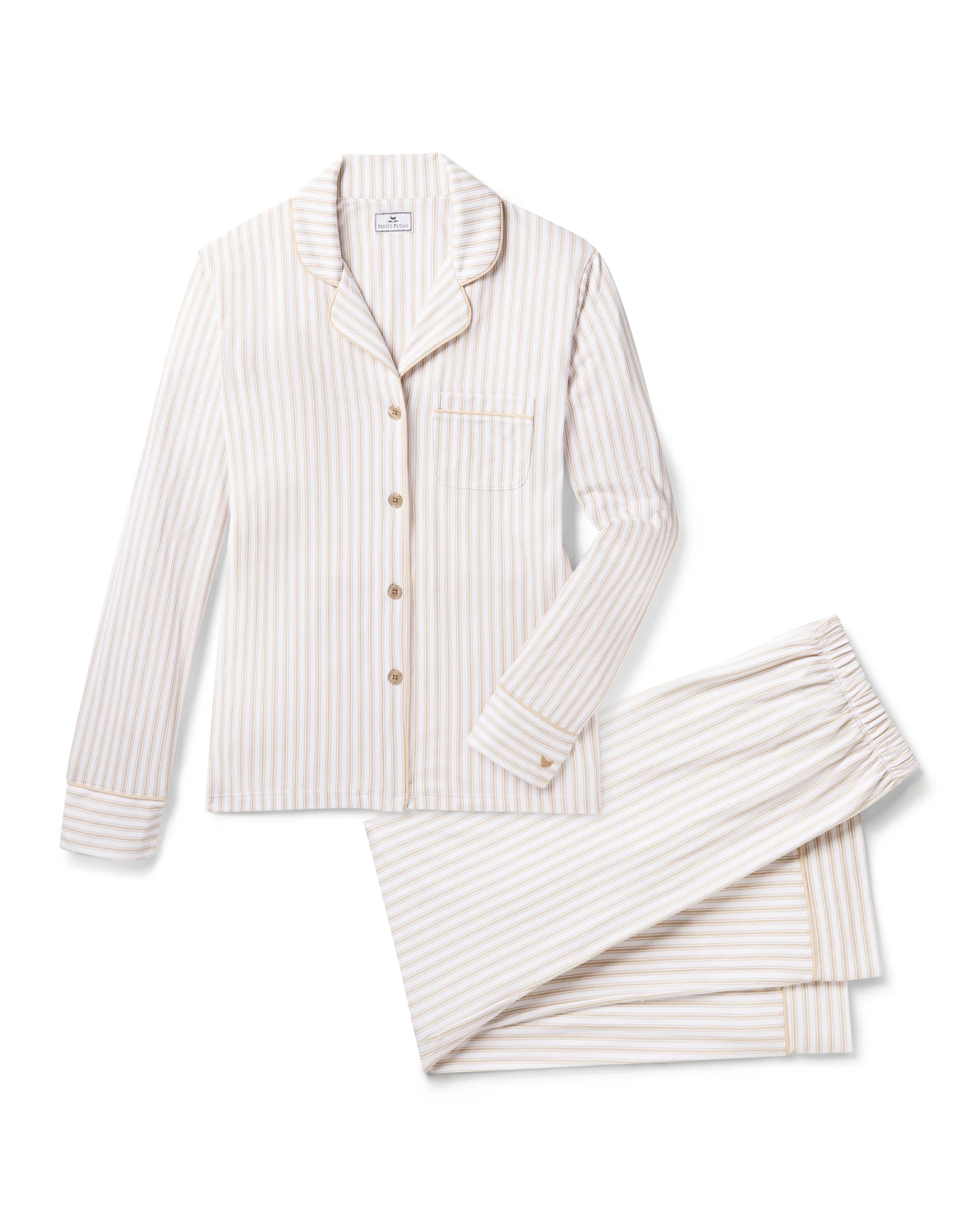 Women's Pima Pajama Set in Camel Ticking | Petite Plume