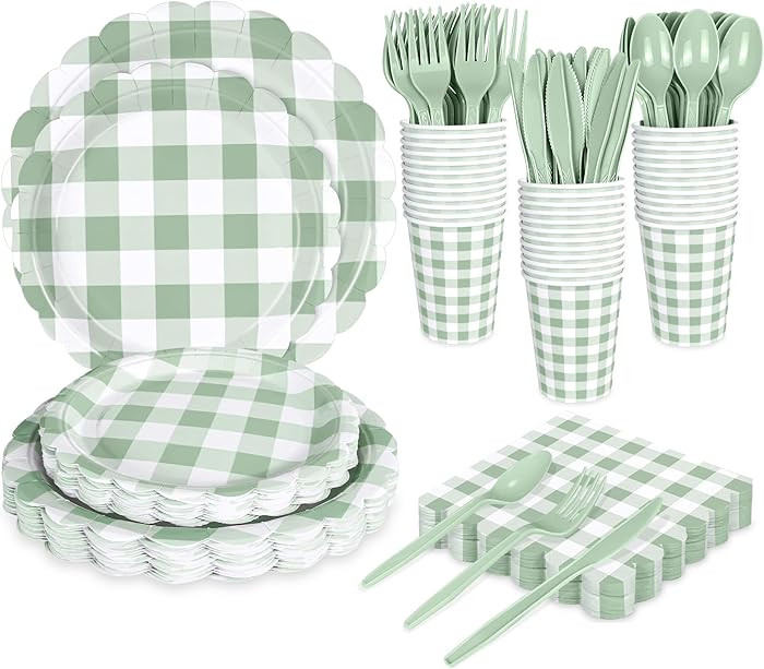 175 PCS Sage Green Gingham Plates and Napkins, Green Checkered Disposable Plates Set with Napkins... | Amazon (US)