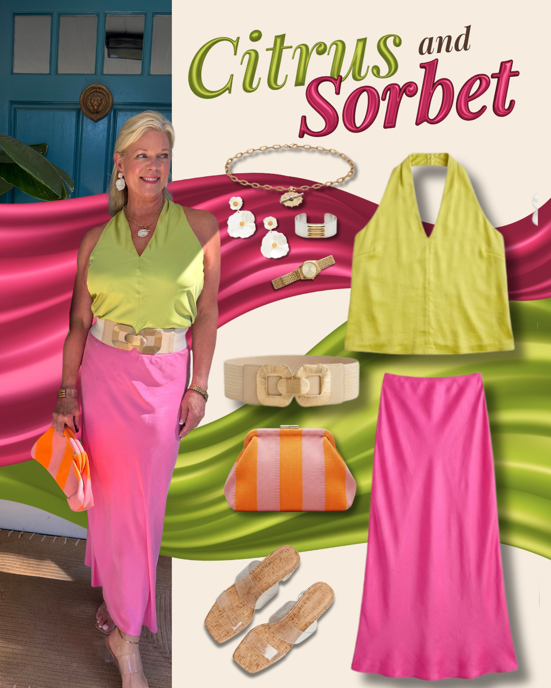 Summer's not done with me yet. 🍋🍓 A chartreuse halter top paired with a pink satin skirt is proof color can still take center stage during the transition — cinched with a woven belt, styled with a striped clutch and cork sandals for the perfect in-between look. Bright, bold, and still wearable as the season shifts. Items linked below, similar items included — shop before they sell out! 🌸 #summerstyle #colorfuloutfit #falltransition #pinkskirt #fashionover50 #LTKover50 #LTKstyletip 

 #LTKootd #LTKSeasonal #LTKOver40