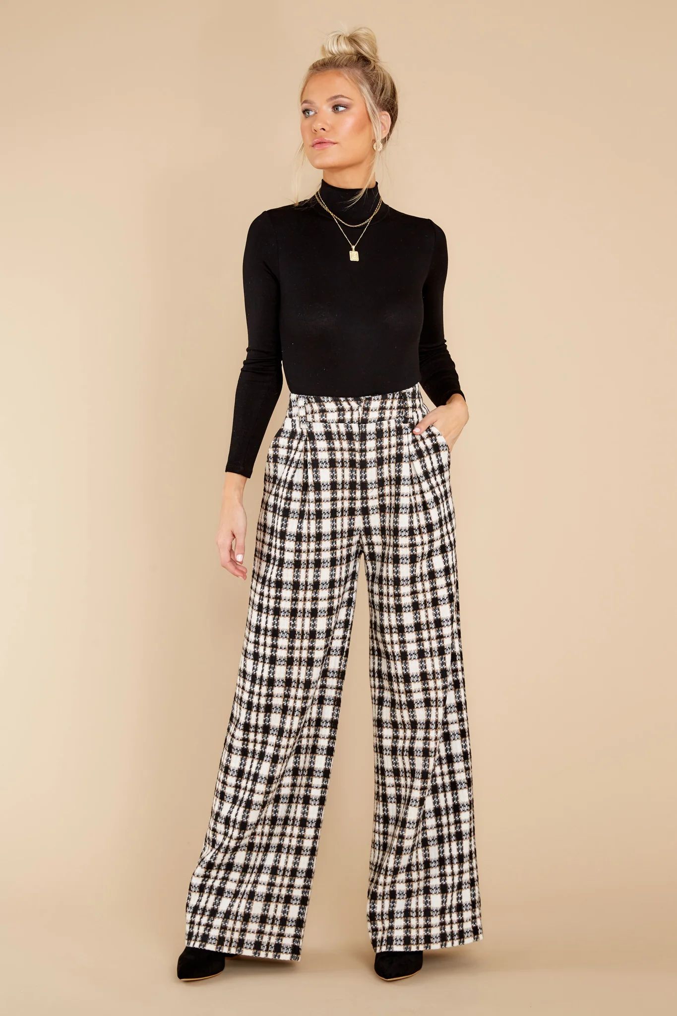 Trendiest Around Black And White Plaid Pants | Red Dress 