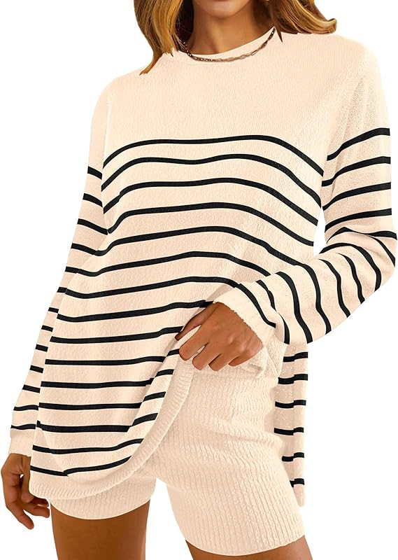 MEROKEETY Women's Striped 2 Piece Sweater Set Long Sleeve Shorts Lounge Sets Matching Pajama Set | Amazon (US)