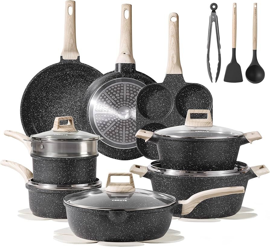 CAROTE 21pcs Pots and Pans Set Nonstick, Cookware Set Black Granite Induction Kitchen Cooking Set... | Amazon (US)