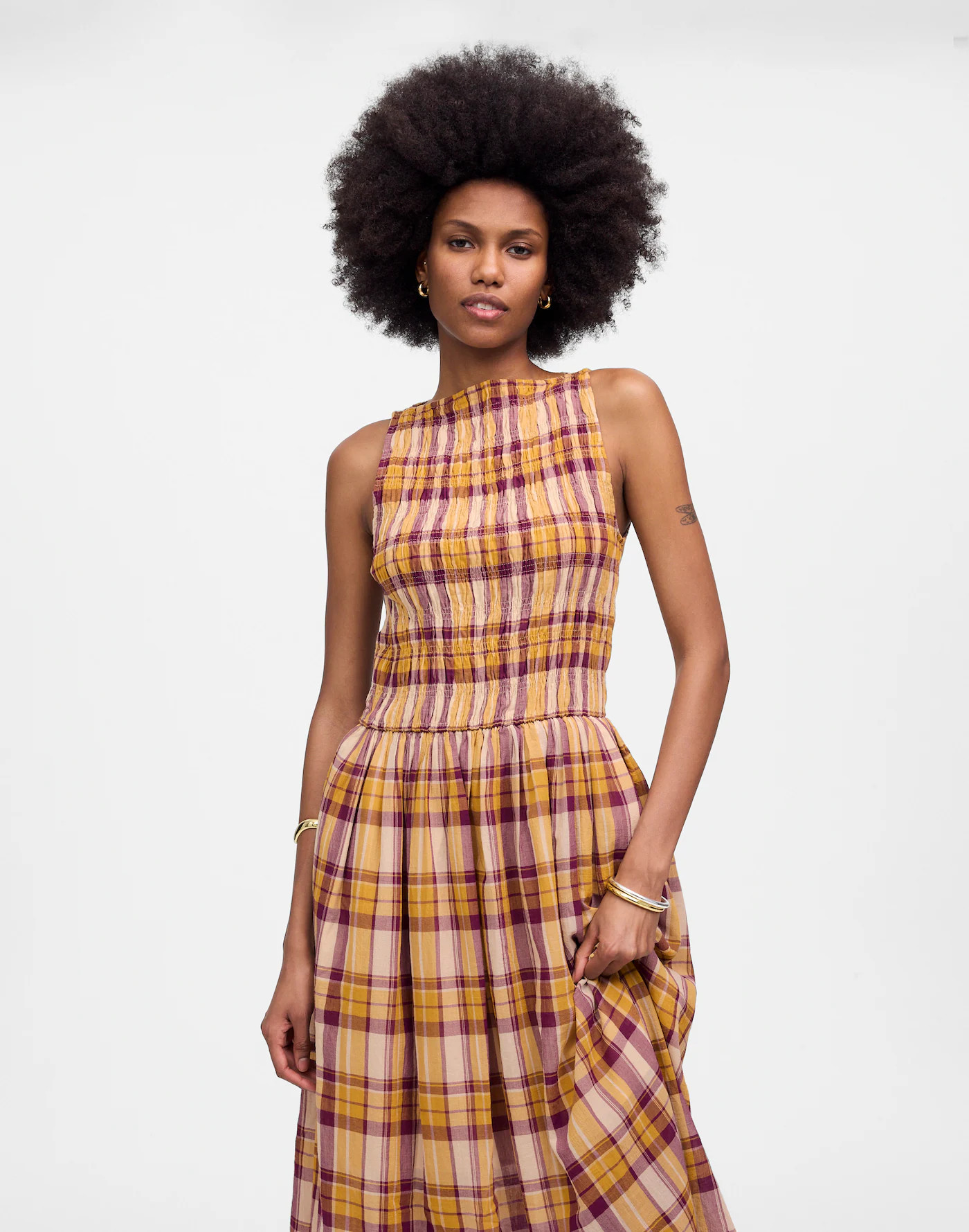 Smocked Boatneck Maxi Dress in Plaid Seersucker | Madewell