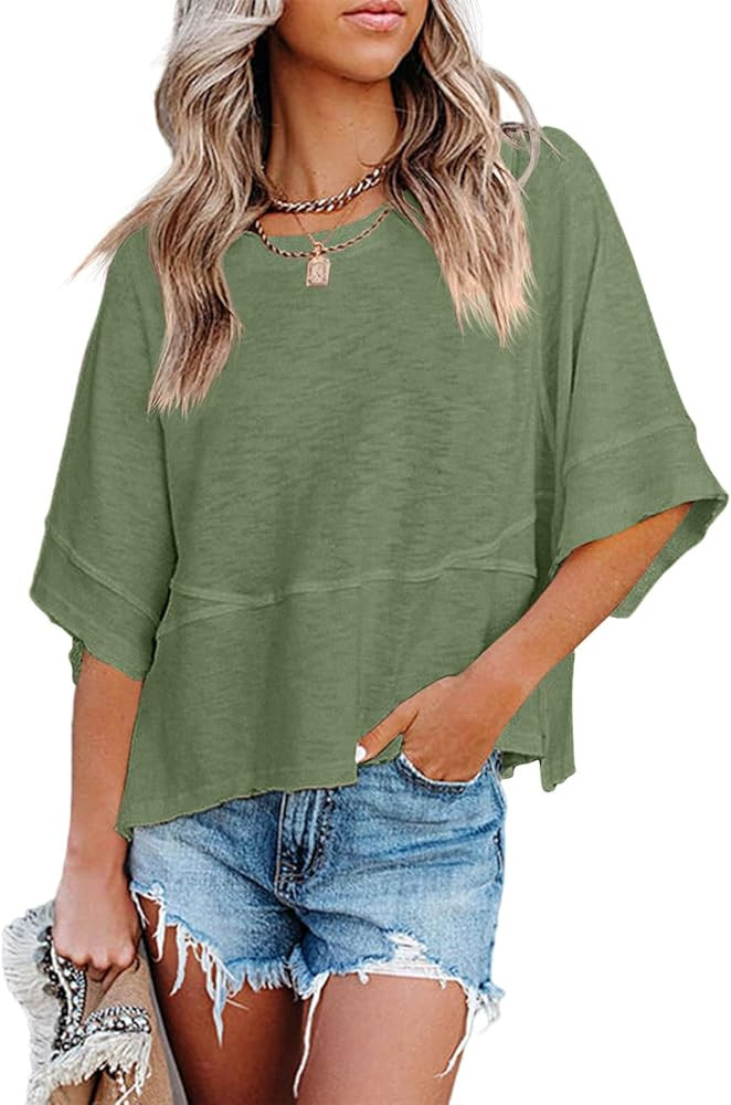 Women's Summer Casual Crewneck Batwing Half Sleeve T-Shirts Solid Color Loose Fit Cute Basic Flow... | Amazon (US)