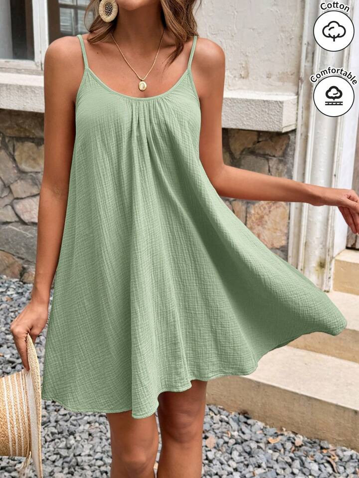 SHEIN Frenchy Women's Casual Solid Color Textured Spaghetti Strap Summer Holiday Style Dress, Tea Party Dress,Bohemia | SHEIN