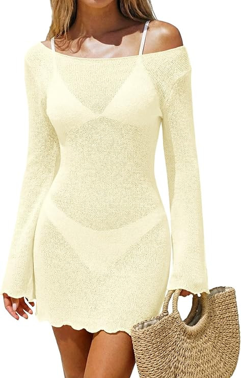 Saodimallsu Womens Swimsuit Cover Up Long Sleeve Sheer Mesh Knit Mini Dress Backless Tie Summer B... | Amazon (US)