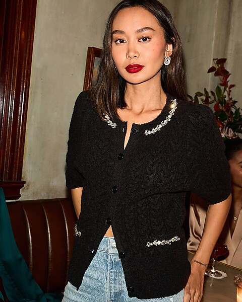 Embellished Cable Knit Short Sleeve Cardigan | Express