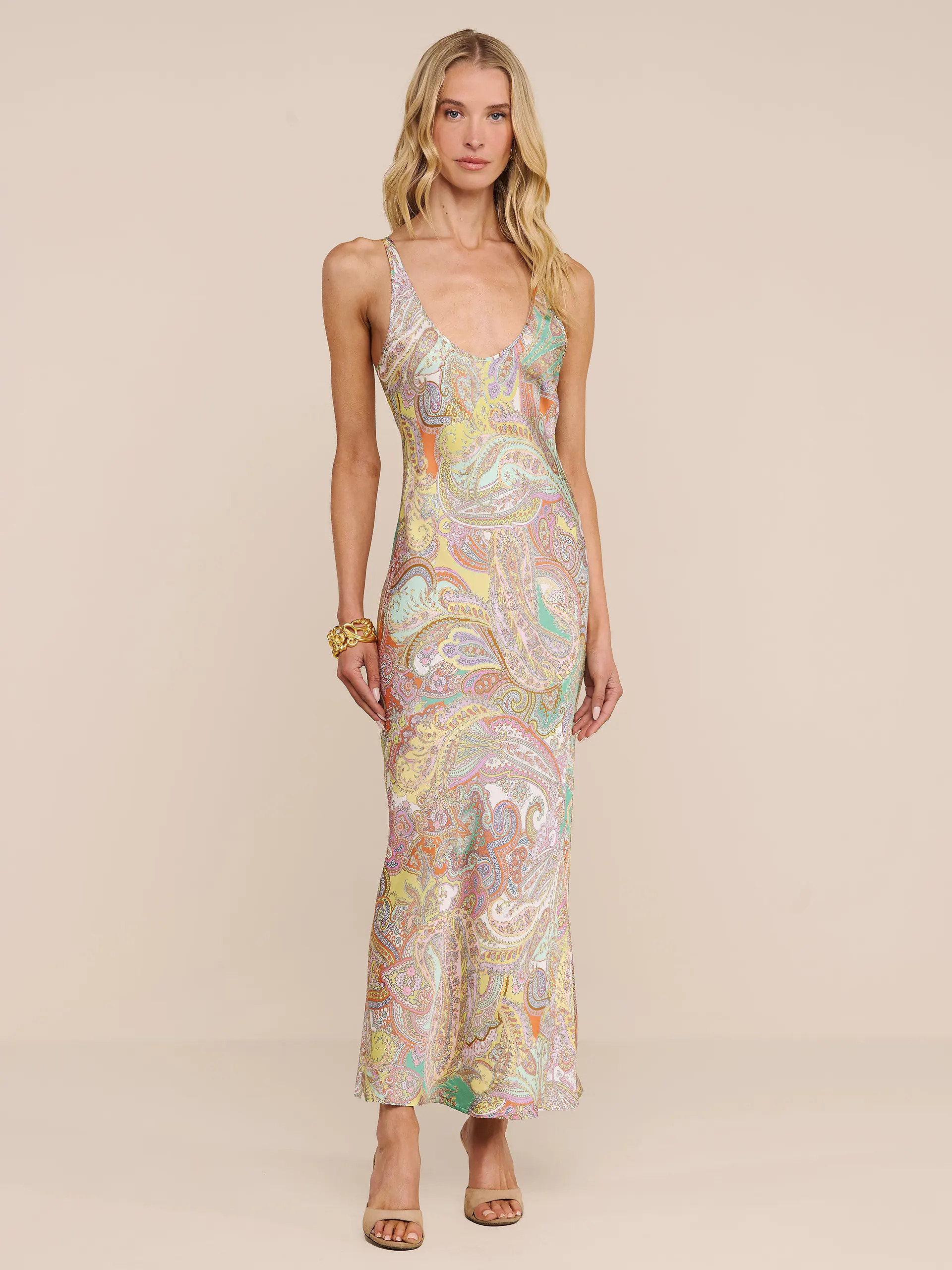 Akiya Satin Maxi Dress in Green Multi Cluster Paisley | L'AGENCE | L'Agence