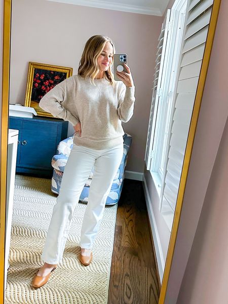 These white Madewell maternity jeans are SO amazing. I love their white jeans non-maternity but these are just unreal maternity jeans too. Go Madewell! I got my regular non-maternity size. My sweater and flats are both also Madewell and the top is one size larger than I’d normally order since I’m pregnant. The shoes are my true size. #madewellfall #maternityjeans 

#LTKstyletip #LTKbump #LTKSeasonal