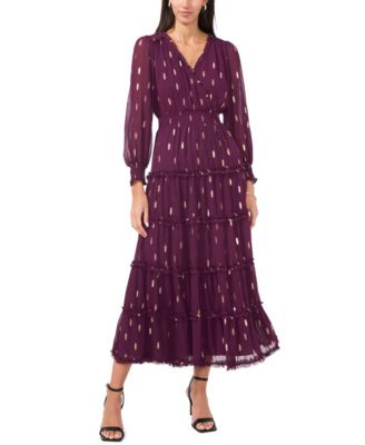 MSK Women's Long Sleeve Smocked Waist Tiered Midi Dress - Macy's | Macy's