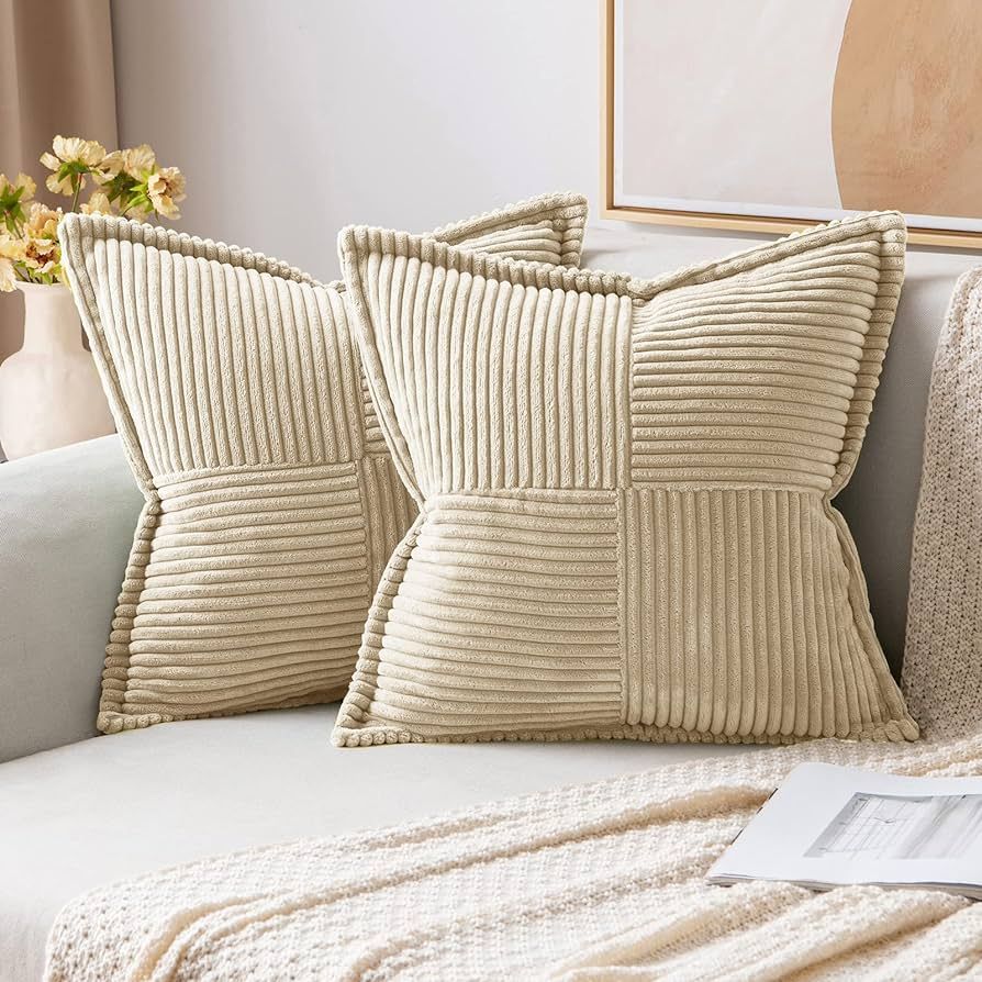 MIULEE Cream Corduroy Pillow Covers with Splicing Set of 2 Super Soft Couch Pillow Covers Broadside Striped Decorative Textured Throw Pillows for Spring Cushion Bed Livingroom 20x20 inch | Amazon (US)