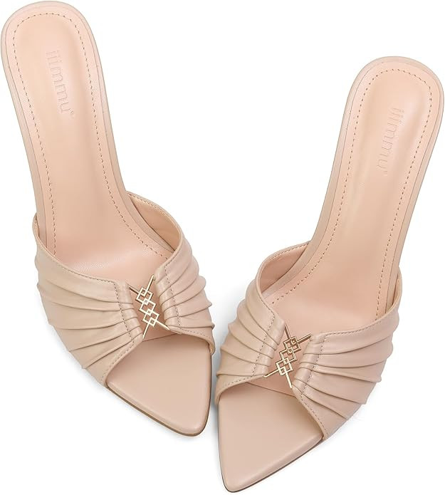 iiimmu 3.5 IN Stiletto Mules High Heels with Pointed Peep Toe Heeled Sandals Faux Leather | Amazon (US)